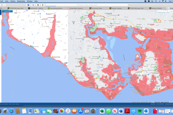 map showing Portsmouth, Portchester and Fareham flood risk at 2050